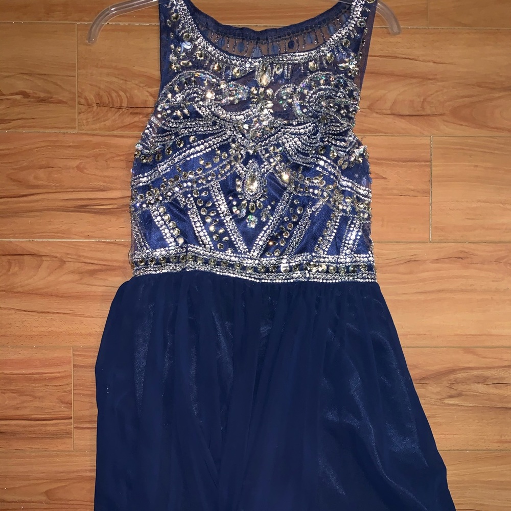 Blue Sequin Bodice Formal Dress